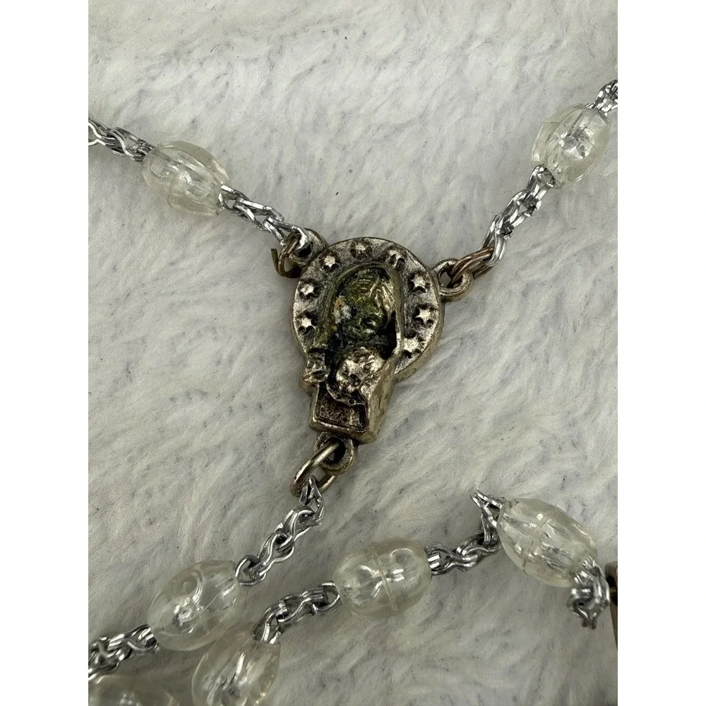 Vintage Italy Rosary Clear Faceted Plastic Beads Silver Tone Sacred Heart READ